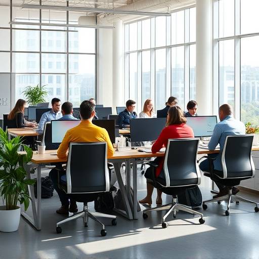 A bright, modern company office space with team members collaborating at desks and in meeting rooms.